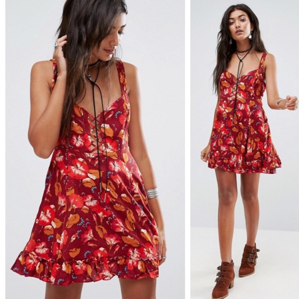 Free People Lattice Lovers Lace Up Floral Dress L